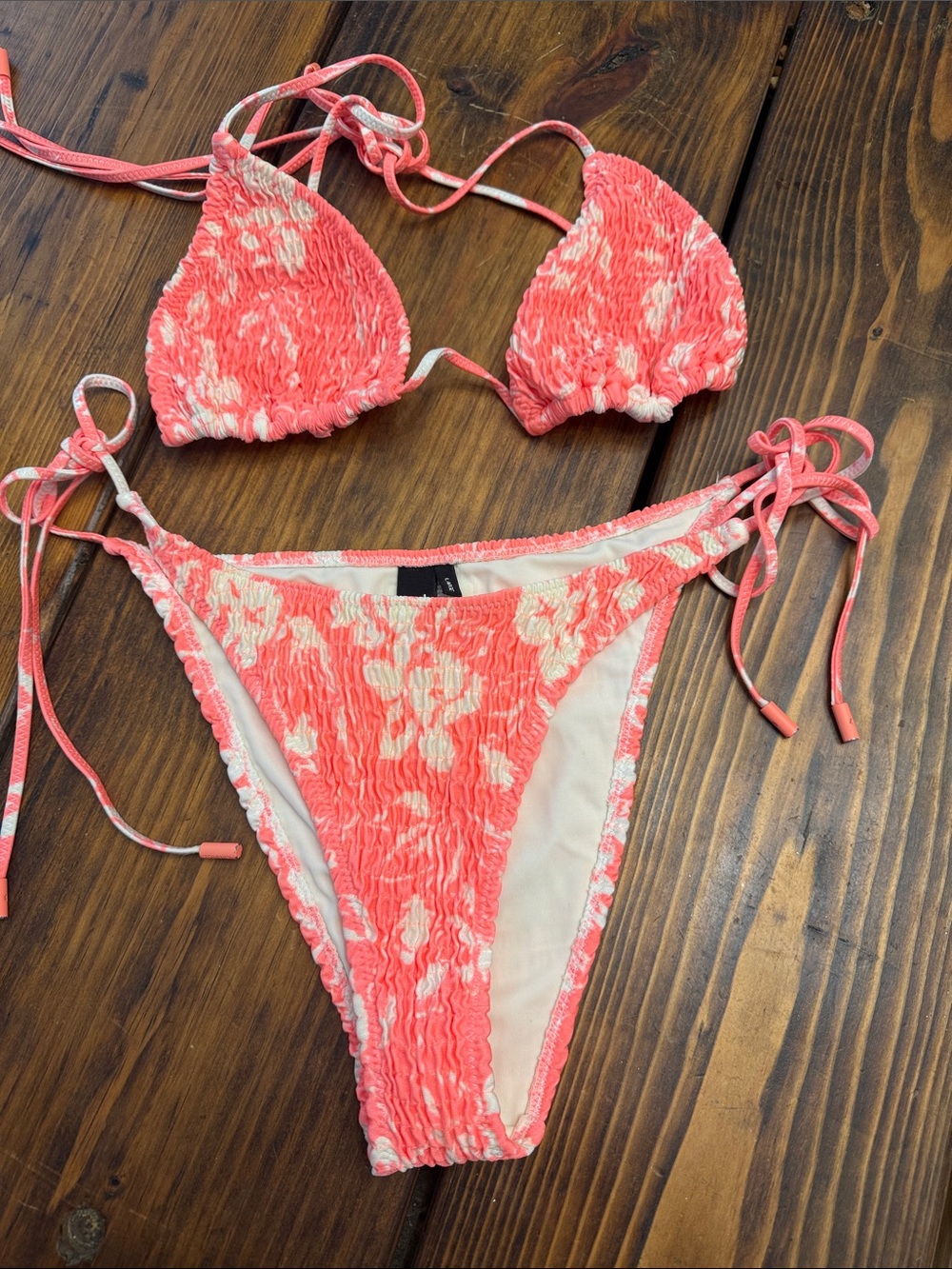 triangl swimwear Coral & Cream Textured Bandeau-Style Bikini